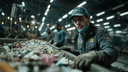 Worker at the Recycling Plant: A focused worker diligently sorts recyclable materials on a conveyor belt in an industrial recycling facility.