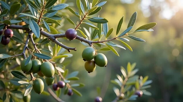 Close-up of argan tree branches with ripe and unripe argan fruits in natural outdoor setting during harvest season