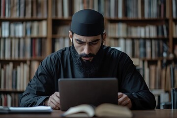 young Muslim man working concentratedly in the office at the table with a laptop, making notes of data and documents, symbolizing diligent work and attention to detail, Generative AI