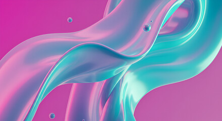 Abstract iridescent fluid with teal and pink hues swirling against a gradient magenta background, accented by floating spheres.
