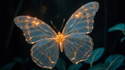 Glowing butterfly in a dark, lush garden at dusk, ethereal beauty.