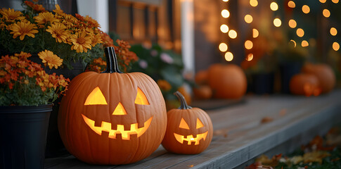 Fototapeta premium Carved jack o’ lantern pumpkins illuminated on porch steps, Halloween exterior home decoration with glowing seasonal fall atmosphere.