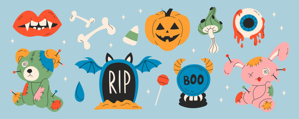 Fototapeta premium Happy Halloween day element background vector. Cute collection of voodoo doll, grave, eye, blood, bone, vampire, lips. Adorable halloween festival elements for decoration, prints.