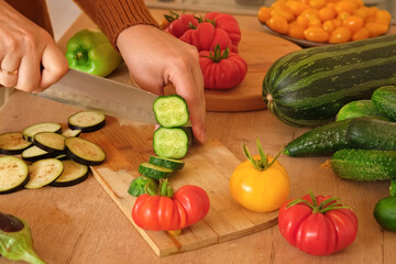 Fresh ripe big tomatoes, eggplant, veggies on a kitchen wooden workplace. Many raw vegetables background. Tomato, cucumbers. Cooker at home making a healthy veggie meal. Preparing vegetarian dish