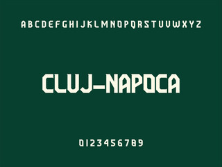 Cluj-Napoca City Name Display in Modern White Geometric Sans Serif Font with Alphabet and Numbers on Dark Green Background