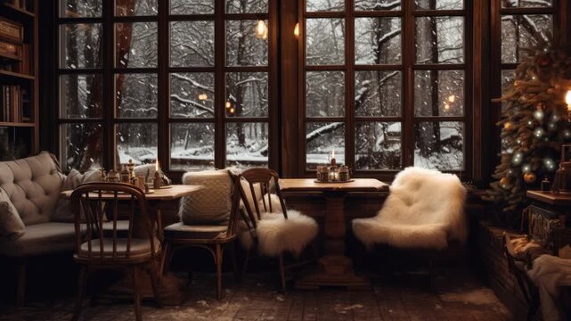Cozy cafe vintage interior with tables and Christmas tree, snowing outside