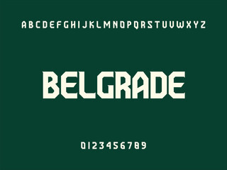 Belgrade City Name Display in Modern White Geometric Sans Serif Font with Alphabet and Numbers on Dark Green Background