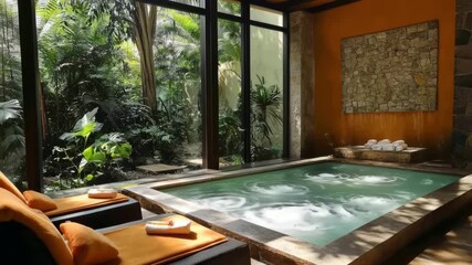 Hydromassage pool with deck chairs and towels in a luxury spa with a tropical garden view, offering tranquility and relaxation