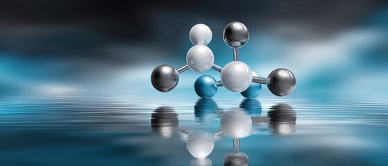 molecule reaction floating concept. Molecular structure reflected in water with a blue and gray background.