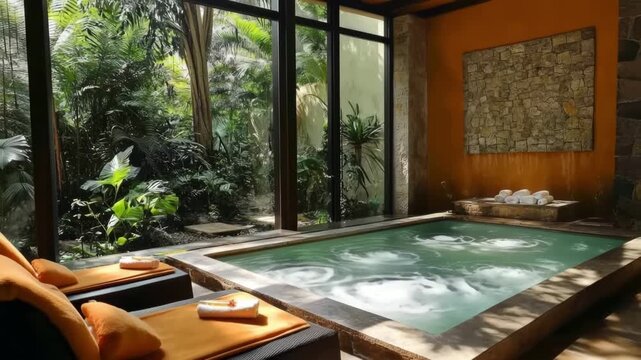 Hydromassage pool with deck chairs and towels in a luxury spa with a tropical garden view, offering tranquility and relaxation
