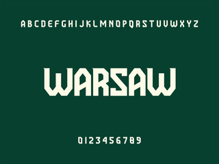 Warsaw City Name Display in Modern White Geometric Sans Serif Font with Alphabet and Numbers on Dark Green Background