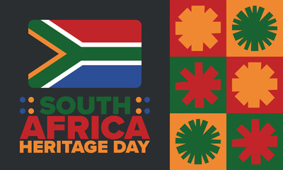 South Africa Heritage Day. Happy holiday. Celebrate culture and traditions of nation. South African flag. Poster with illustration. Pattern design. Vector