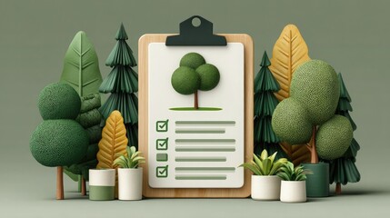Checklist with tree icon representing environmental impact assessments, sustainable project reviews, and ecological evaluation. 