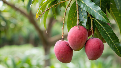Red Mango hanging on tree in garden, Mango on tree in natural background