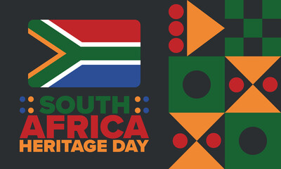 South Africa Heritage Day. Happy holiday. Celebrate culture and traditions of nation. South African flag. Poster with illustration. Pattern design. Vector