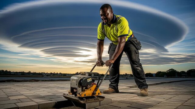 Experienced paver skillfully tamps down interlocking stones on a walkway at sunset