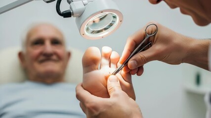 Podiatrist uses magnifying lamp for precise removal of painful plantar wart with sterile forceps in clinic setting