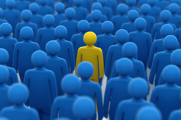 A large group of blue people standing around a person in a yellow outfit.