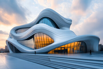 Modern architectural exterior of undulating aluminum wave building, sleek metallic design for exhibit hall showcasing innovative contemporary architecture.