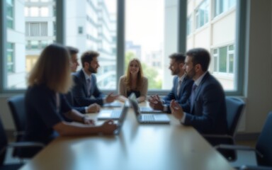 Blurred business people meeting in modern office, teamwork and corporate collaboration concept. High quality