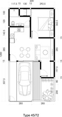 Architectural Small Floor Plans of with Furniture Layout  a House with Garden and Carport. 8