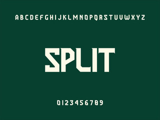 Fototapeta premium Split City Name Display in Modern White Geometric Sans Serif Font with Alphabet and Numbers on Dark Green Background