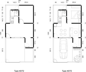 Two Architectural Small Floor Plans of Blank and Furniture Layout  a House with Garden and Carport. 11