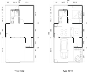 Two Architectural Small Floor Plans of Blank and Furniture Layout a House with Garden and Carport. 11