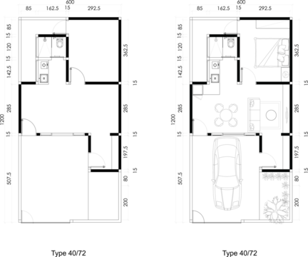 Two Architectural Small Floor Plans of Blank and Furniture Layout  a House with Garden and Carport. 11
