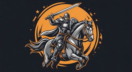 Naklejka premium Medieval Knight in Full Armor Riding a Warhorse with a Sword.