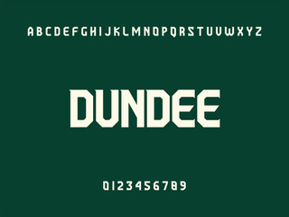 Dundee City Name Display in Modern White Geometric Sans Serif Font with Alphabet and Numbers on Dark Green Background
