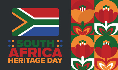 South Africa Heritage Day. Happy holiday. Celebrate culture and traditions of nation. South African flag. Poster with illustration. Pattern design. Vector
