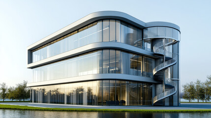 Obraz premium Modern office building with glass facade and spiral staircase near tranquil water at sunset