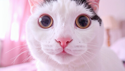 Adorable close-up of a white cat with big round eyes indoors