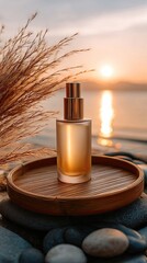 Golden perfume bottle on a wooden tray, sunset backdrop
