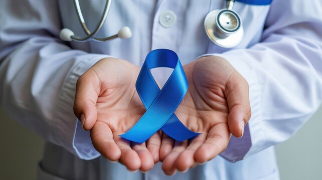 A doctor holding a blue ribbon in his hands to support prostate cancer awareness and research for a cure and prevention of the disease
