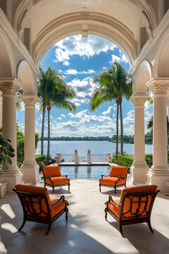 Upscale Florida mansion with spacious waterfront patio, modern architectural exterior design captured in vertical format for luxury real estate.