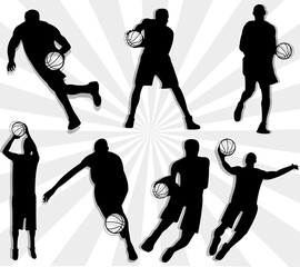 Dynamic of seven black basketball player silhouette various poses set for sports design isolated on radiant sunburst background. Vector illustration.