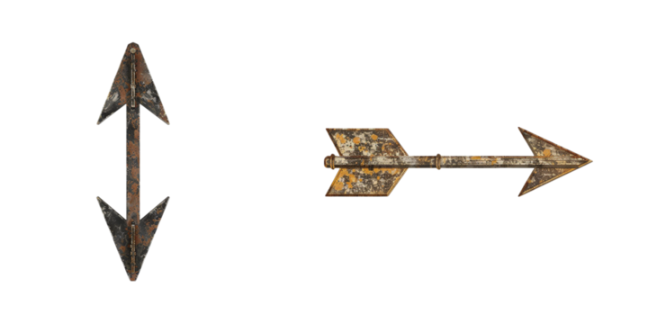 Two aged metal arrows, one vertical one horizontal, weathered rusted transparent background
