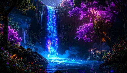 Obraz premium Enchanting Fantasy Waterfall Landscape with Bioluminescent Flora and Mystical Forest Glow