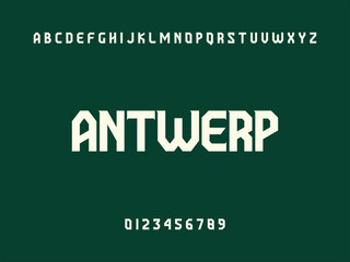 Antwerp Typography Design with Alphabet and Numbers on Dark Green Background