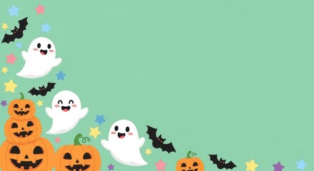 Fototapeta premium Whimsical Halloween corner design with cute cartoon ghosts, carved pumpkins, and bats on a pastel mint background with copy space