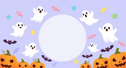 Fototapeta premium Cute Halloween border with friendly ghosts, grinning jack-o'-lanterns, bats, and candies on a light purple background, ideal for seasonal greetings