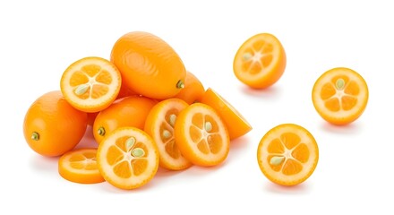 Fresh Kumquats Whole and Sliced on White Background.