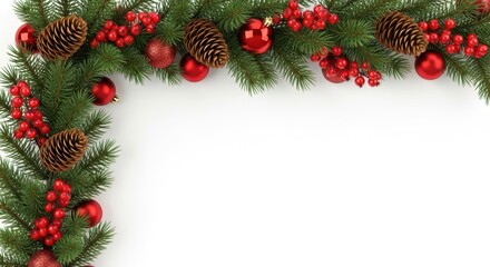Festive Holiday Garland with Evergreen Branches, Pinecones, Holly Berries, and Red Ornaments on White Background for Celebrations