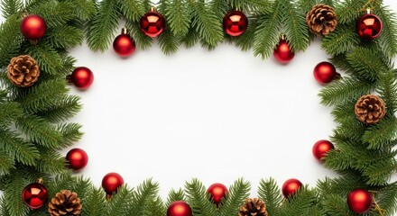 Festive Christmas border frame made of green fir branches with red baubles and pine cones on a clean white background