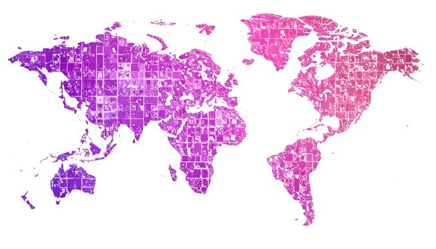 World Map Illustration with Pink and Purple Gradient Effect.