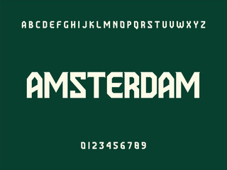 Amsterdam Bold Geometric Sans Serif Font Displaying Uppercase Alphabet and Numbers on Dark Green Background