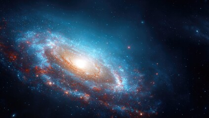 Obraz premium A vibrant spiral galaxy, ablaze with colors of blue, orange, and red, fills the vastness of space.