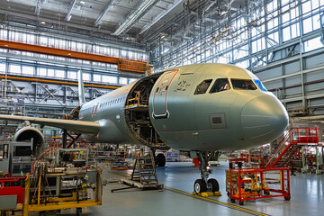 Modern aircraft assembly inside a spacious manufacturing facility Generative AI